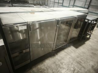 Glastender BB84-L1-XN back bar refrigerator, three-section, stainless steel, glass doors, self-contained, for commercial use.