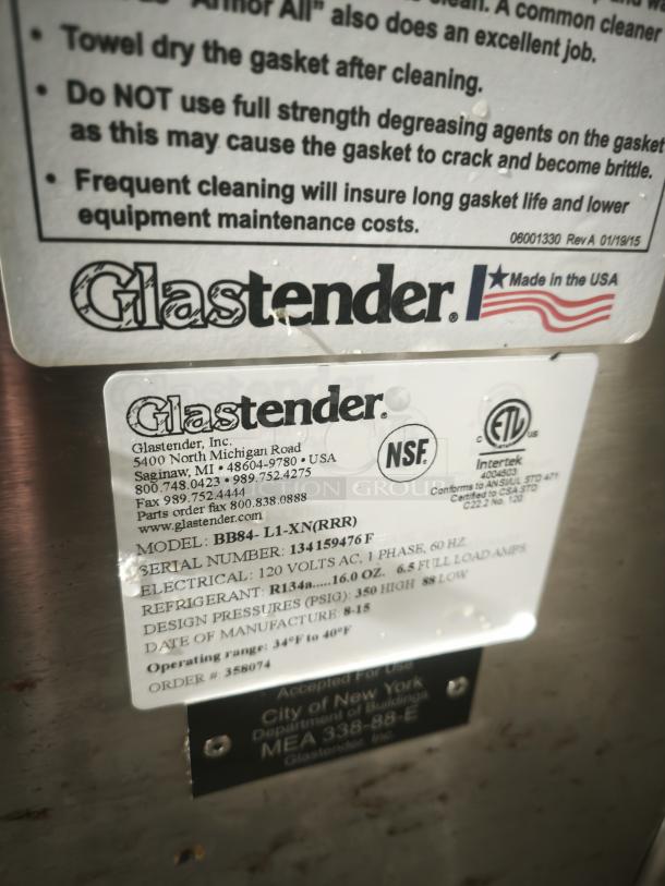 Glastender BB84‑L1‑XN (RRR) back bar refrigerator label showing electrical specs and certifications. Made in USA.