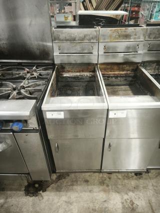 Southbend SB45S gas fryer, 42-50 lbs capacity, 14"x14" fry area, stainless steel, visible wear, auction tags on front.