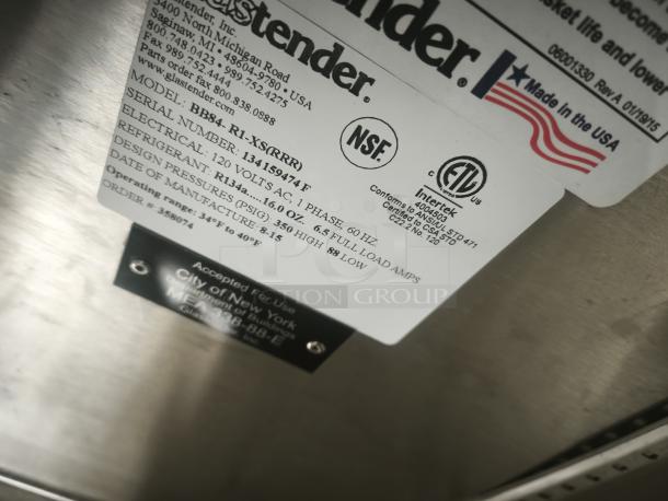 Glastender BB84-R1-SS refrigerator label, showing serial number 134159474, 120V, R134a refrigerant, NSF certified.