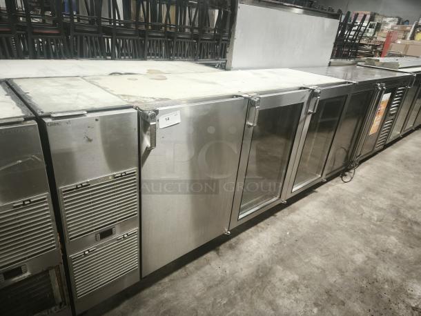 Glastender 84" stainless steel back bar cooler with 3 glass doors, model BB84-L1-XS(RRR), in used condition.