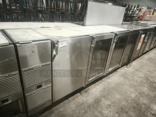 Glastender 84" stainless steel back bar cooler with 3 glass doors, model BB84-L1-XS(RRR), in used condition.