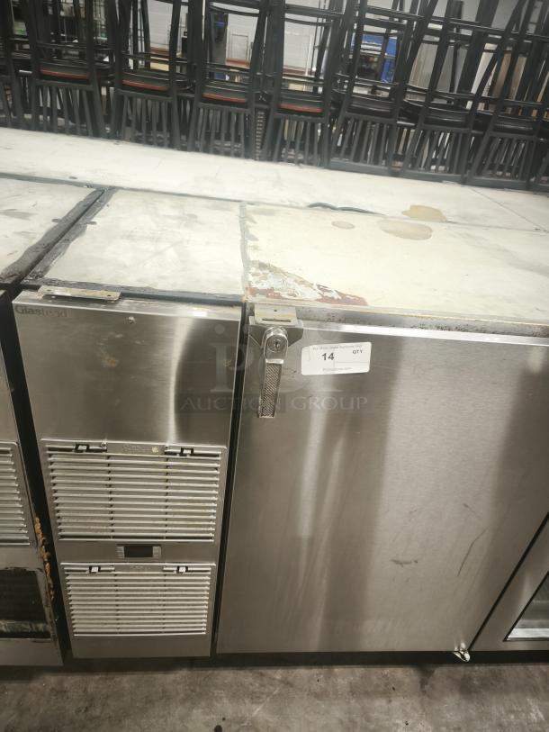 Glastender 84" stainless steel back bar cooler, model BB84-L1-XS(RRR), with glass doors, minor surface wear.