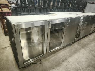 Glastender 84" stainless steel back bar cooler with 3 glass doors, model BB84-L1-XS(RRR), displayed in excellent condition.