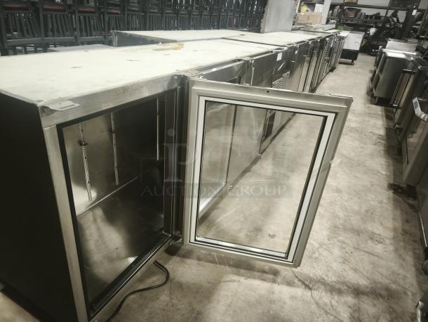 Stainless steel Glastender BB84-L1-XS(RRR) back bar cooler, 84", 3 glass doors, excellent condition, open door exposure.