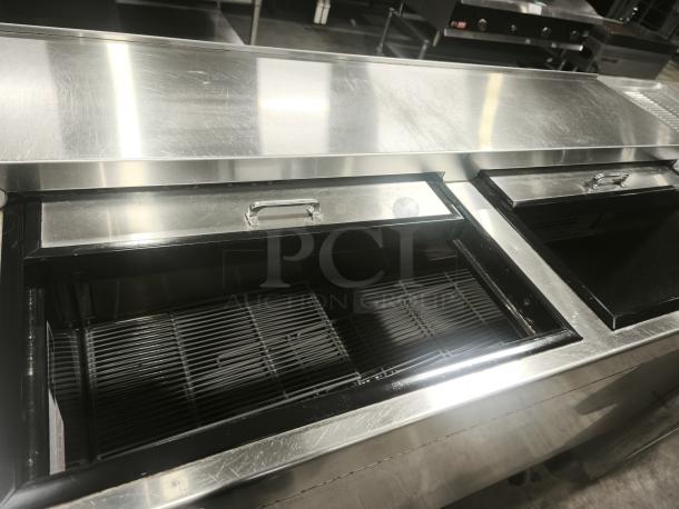 Glastender MF48-S2 glass chiller, stainless, 2 sections, 147 mug capacity, 120v; open compartments, excellent condition.