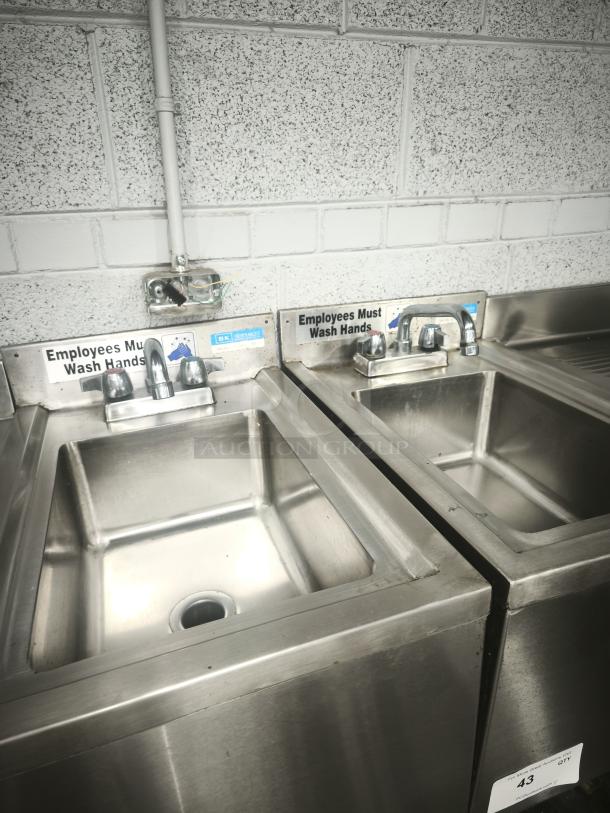 Krowne Bar Drain Board 21-GS24, stainless steel, dual sink setup. Includes “Employees Must Wash Hands” signage, good condition.