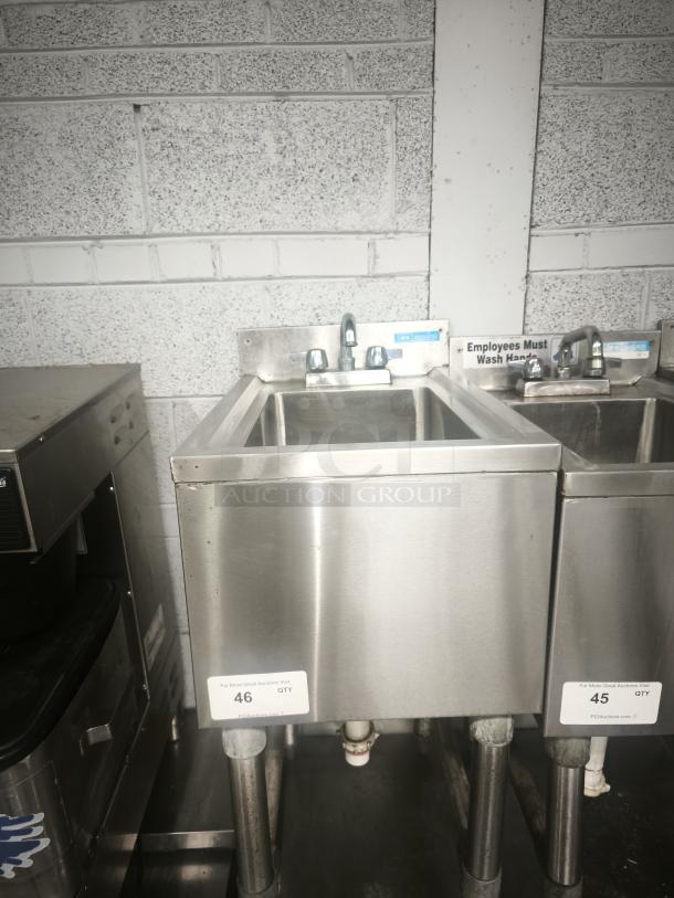 Krowne Bar Drain Board 21-GS24 in stainless steel, includes faucet and legs. Features two compartments. Label shows auction info.