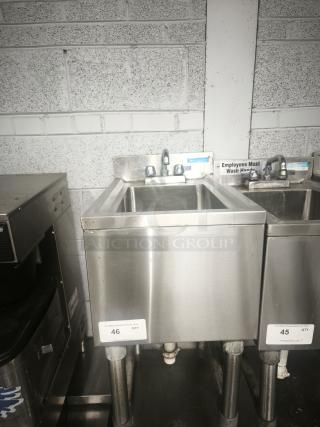 Krowne Bar Drain Board 21-GS24 in stainless steel, includes faucet and legs. Features two compartments. Label shows auction info.