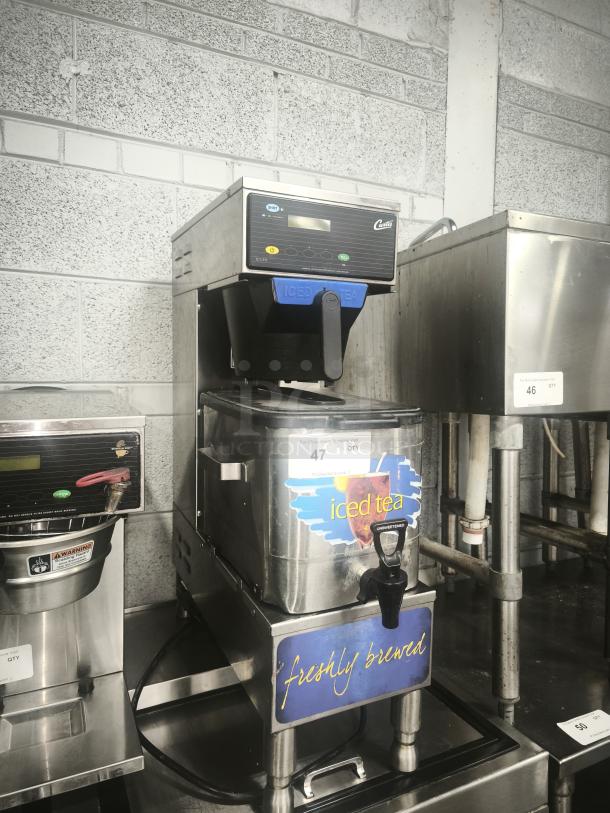 Curtis TBP 3 Gallon Tea Brewer with Dispenser, 120V, low profile design, stainless steel, freshly brewed labeling, condition visible.