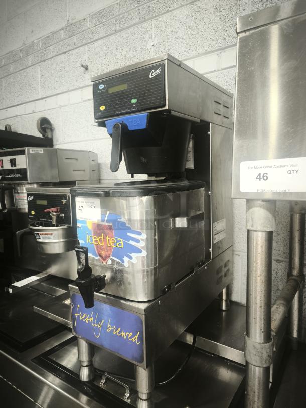 Curtis TBP 3 Gallon Low Profile Tea Brewer, stainless steel, built-in dispenser, used condition, iced tea signage, 120V.