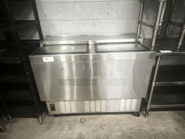 Glastender MF48-SF2 glass/mug froster, stainless steel, 48"W x 24"D. Used condition, 120V. Features glass doors and internal cooling unit.