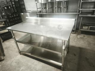 Commercial stainless steel work prep table by Glastender, model MF48-SF2, 24"x36" with backsplash, double undershelf, NSF certified.