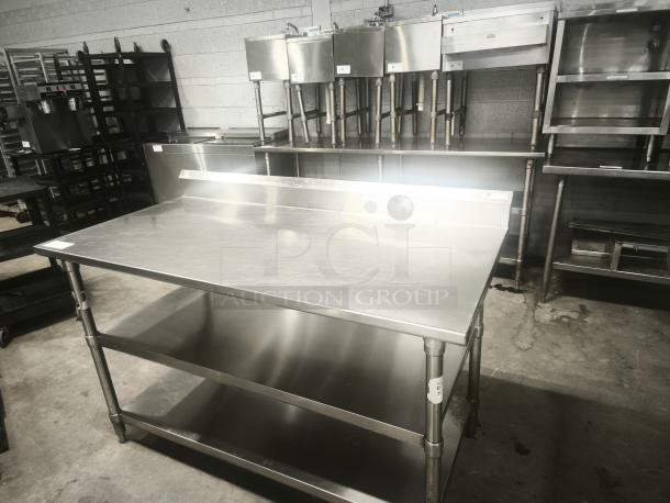 Glastender MF48-SF2 stainless steel work table, 24x36 inches, with backsplash, double undershelf, NSF-certified, new condition.