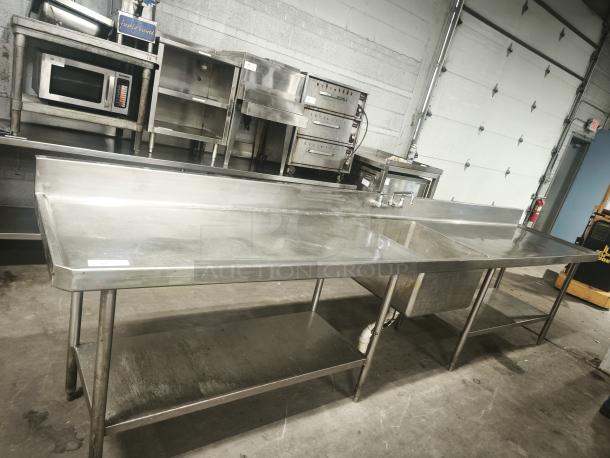 Glastender MF48-SF2 stainless steel prep table with sink, cutting board, and undershelf. Durable, used condition.