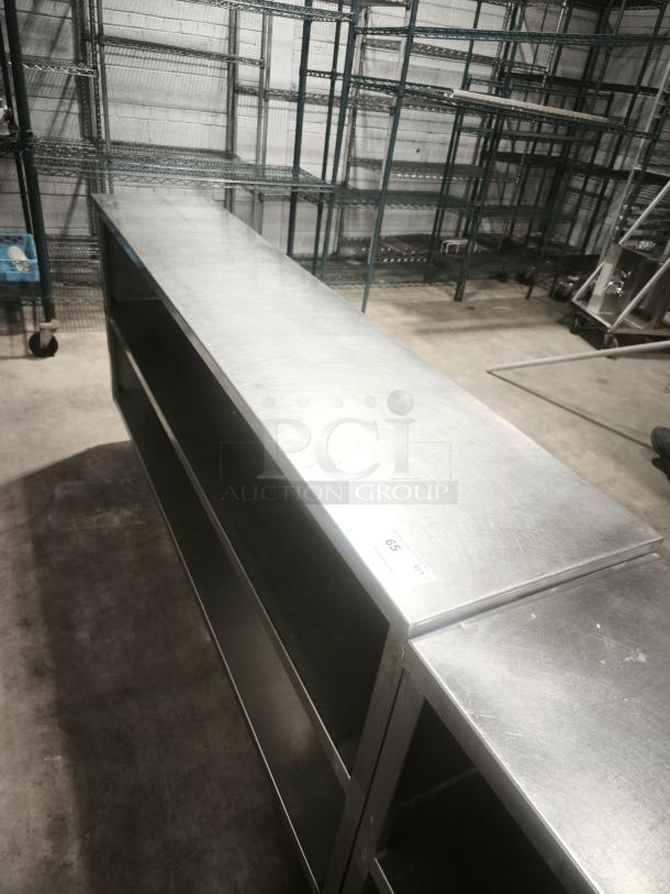 Dish storage cabinet, 60"Wx15"D, 18-gauge stainless steel top, shows moderate use, ideal for commercial kitchens.