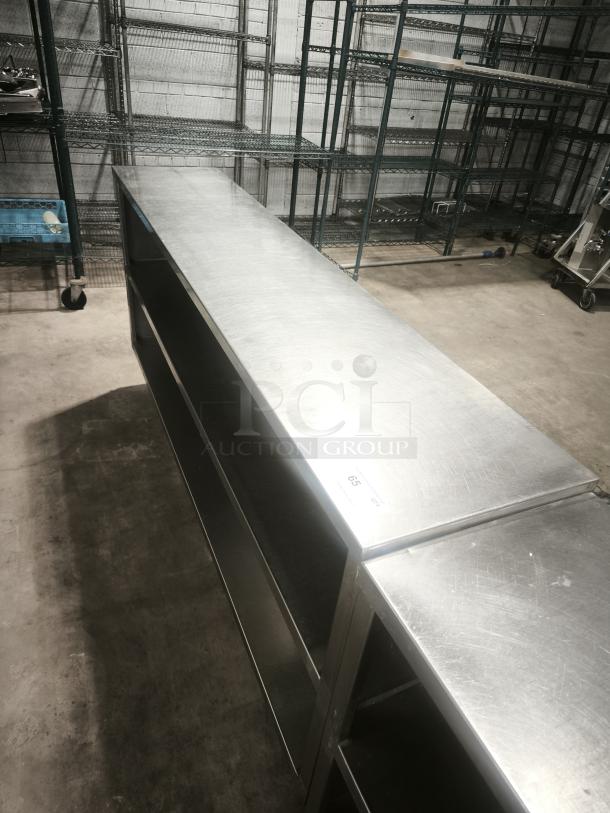 Dish storage cabinet, 60"Wx15"D, 18-gauge stainless steel top, used condition, open shelving, sturdy build.