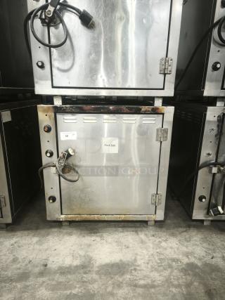 ROK RCI-P650E high-temperature lab stone oven, stainless steel, heavy-duty, visible wear, model/serial tags attached.