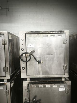 ROK model RCI-P650E heavy-duty lab stone oven, high temperature 450 degrees, visible wear, serial tag indicating lot 33.