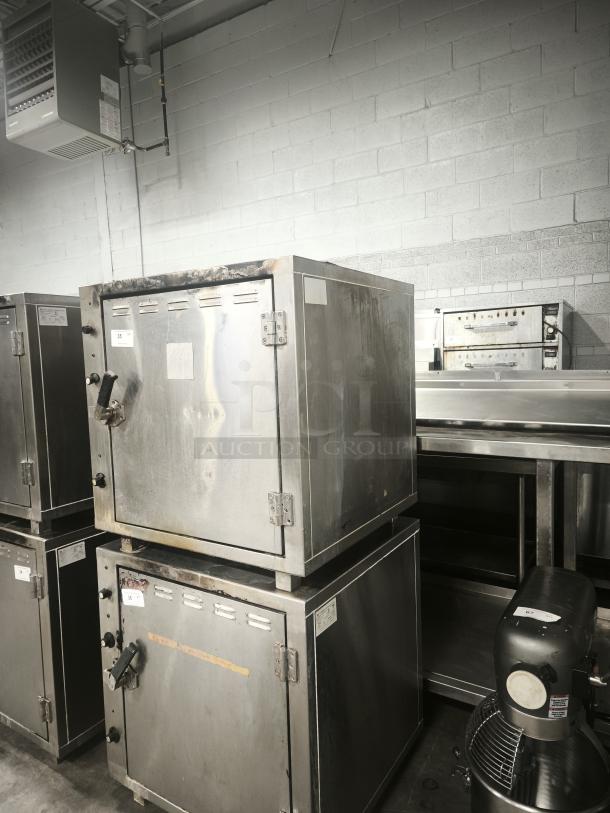 ROK RCI-P650E heavy-duty lab stone oven, stainless steel, high temperature 450°F. Visible wear, stackable design. Model tag present.