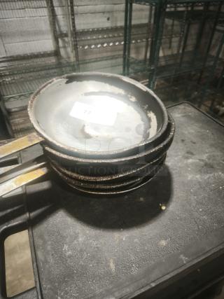 Stainless Clad Frying Pan, 12 inch, stack of three, visible wear and tarnish, label marked "77".