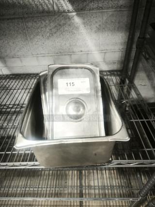 Stainless steel steam table pan with slotted lid, 1/3 full size. Visible label with lot number 115. Excellent condition.