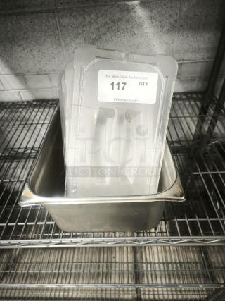Stainless steel 1/3 full-size pan with slotted lid, slight rust on edge. Label reads "117 QTY" from PCI Auctions.