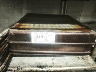 Stainless steel cooking pan, 16-inch, used condition with visible wear and rust. Auction tag reads "119 x4 QTY".