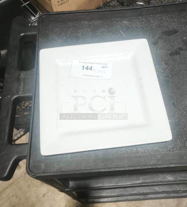 10" bright white square porcelain plate, excellent condition, auction label with lot number visible.