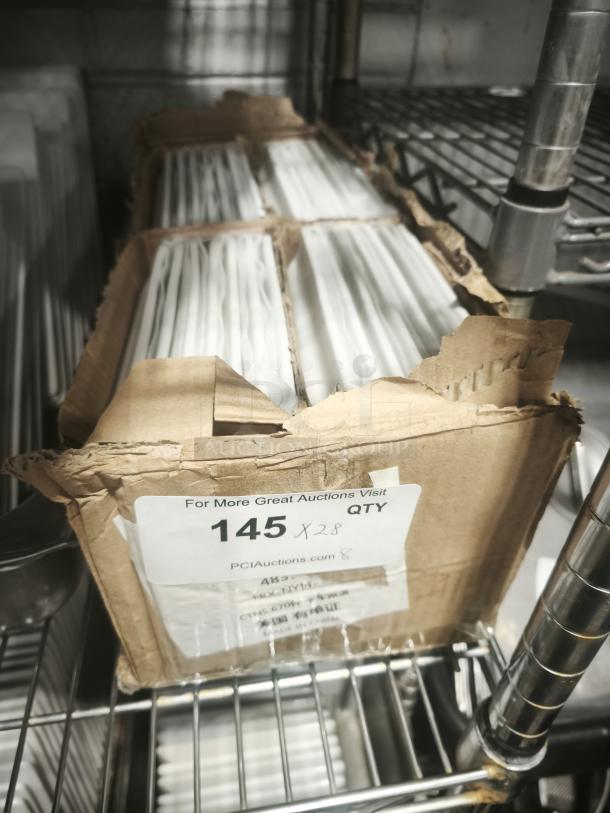 Rectangular bright white square porcelain plates in original box, quantity 28, in good condition. Box marked "145 Qty."