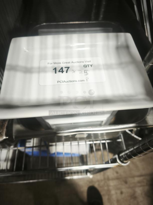 Rectangular bright white porcelain plate with square edges, clean condition. Auction tag marked "147 QTY x25".