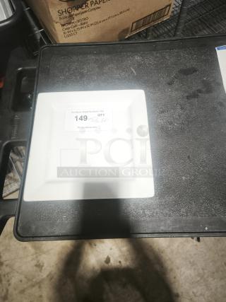 Bright white square porcelain plate, good condition, black border. Auction tag reads: "149 QTY 60." Perfect for dinnerware.
