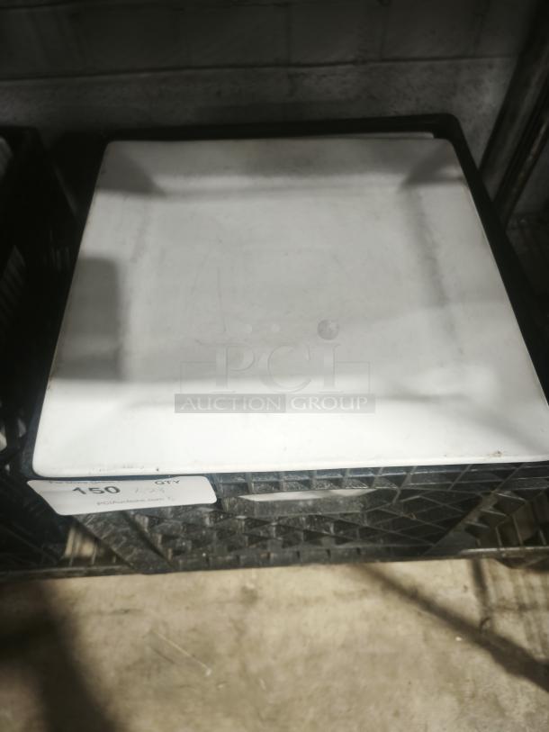 Square porcelain plate, bright white, lightly marked surface. Label indicates auction item, quantity 150.