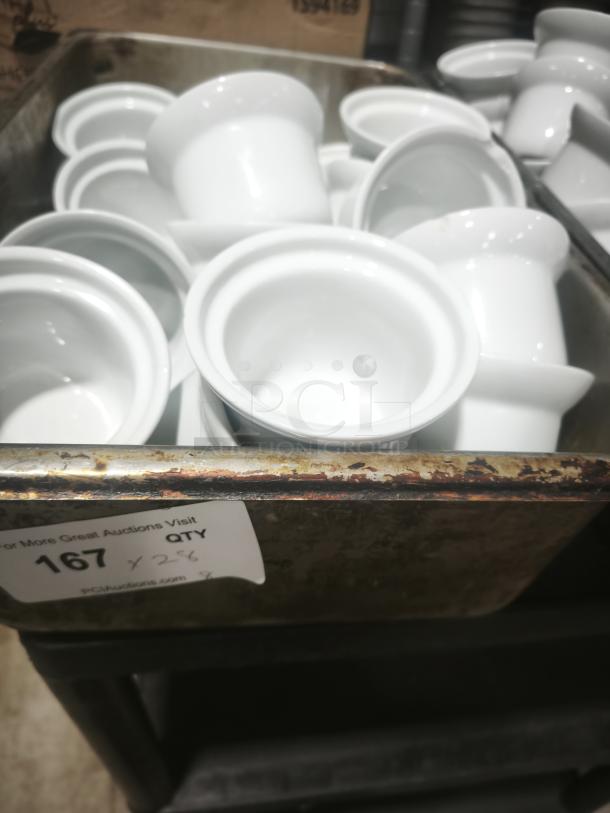 Stack of Aluma White Medium Porcelain Pot Pie Dishes in worn metal bin, bulk labeled as "QTY 26."