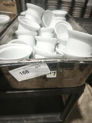 Aluma White medium porcelain pot pie dishes in bulk, good condition, auction lot tagged as quantity 34.