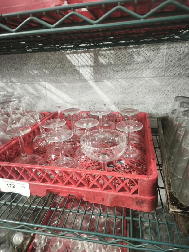 Vintage footed glass sherbet bowls in a red crate, excellent condition. Ideal for collectors, display or use in entertaining.