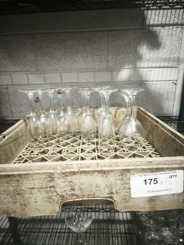 Fluted Champagne glasses, clear swirl design, optical finish, set of 12 in vintage crate, excellent condition.