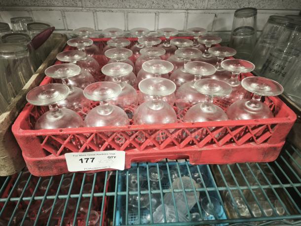 Vintage footed glass low sherbet bowls in red crate, excellent condition; auction label reads "177 QTY."