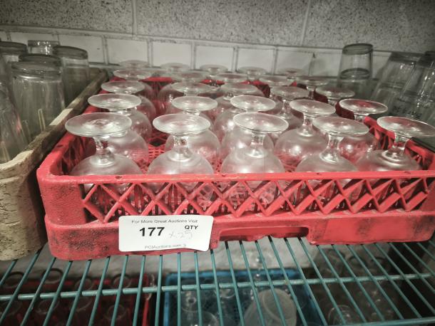 Vintage footed glass low sherbet bowls in red crate, Qty 25, good condition, auction label "177."