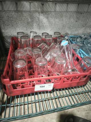 Vintage restaurant glass tumblers in a red rack, labeled "184 x 21." Marked with a "Blue Moon" sticker.