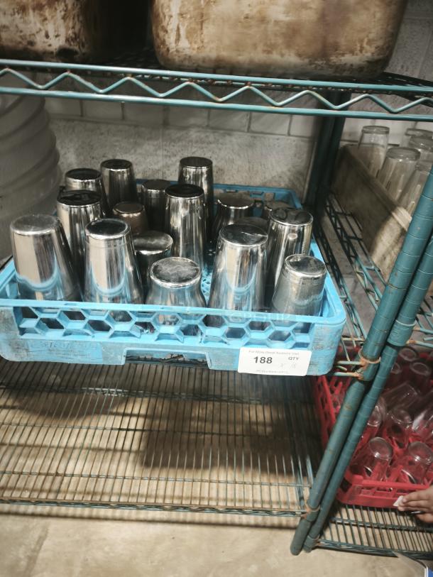 Vintage stainless steel cocktail shaker set, multiple pieces in a plastic crate, good condition, auction label 188.