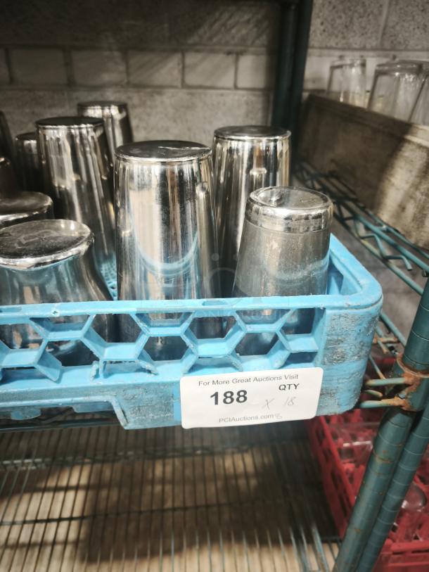 Vintage stainless steel cocktail shakers, set of 18, used, slight wear, auction lot 188 label visible.