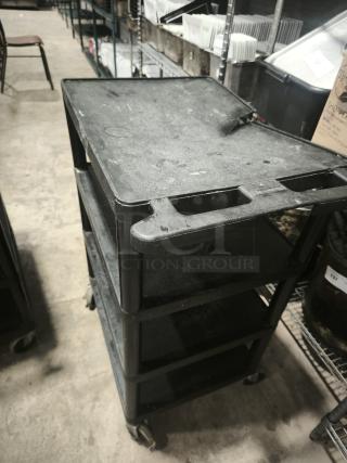 Offex Endura 4 Shelf Black Presentation Cart, 35 1/4" H, used condition, scuff marks, durable plastic, rolling wheels.