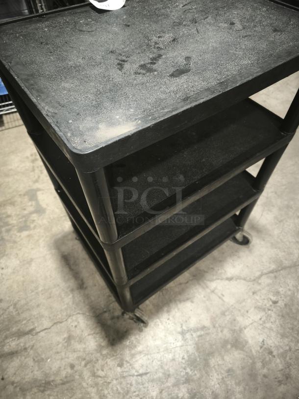 Offex Endura 4-shelf black presentation cart, 35 1/4" H, with wheels, used condition, sturdy construction.