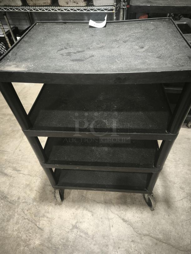Offex Endura black presentation cart, 4 shelves, 35 1/4" high, used condition, minor surface wear, on wheels for mobility.