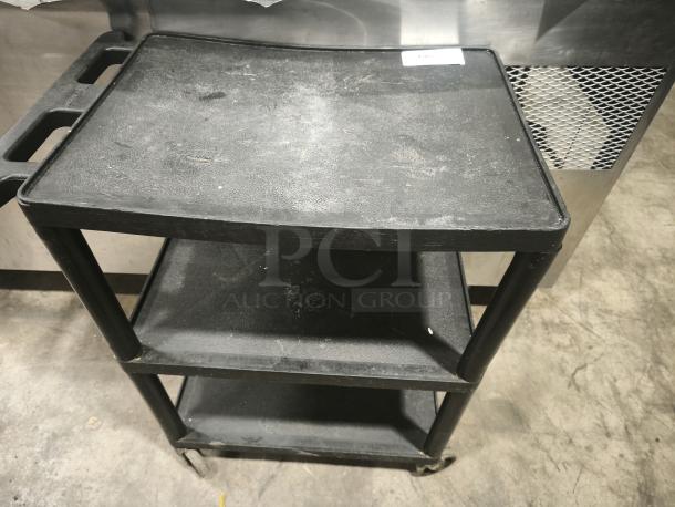 Offex Endura 3 Shelf Black Presentation Cart, 35 1/4"H, with minor surface wear, featuring durable construction and handles.