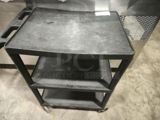 Offex Endura 3 Shelf Black Presentation Cart, 35 1/4"H, with minor surface wear, featuring durable construction and handles.