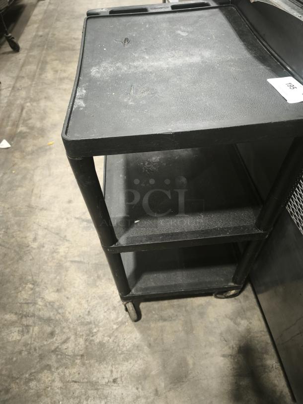 Offex Endura 3 Shelf Black Presentation Cart, 35.25"H, used, visible wear, features a durable black finish with wheels.