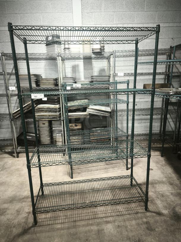 Green epoxy 4-tier shelving unit with S-hooks. Heavy-duty commercial storage rack, excellent condition, ideal for organizing.