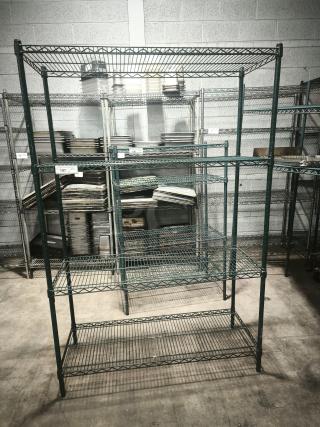 Green epoxy 4-tier shelving unit with S-hooks. Heavy-duty commercial storage rack, excellent condition, ideal for organizing.